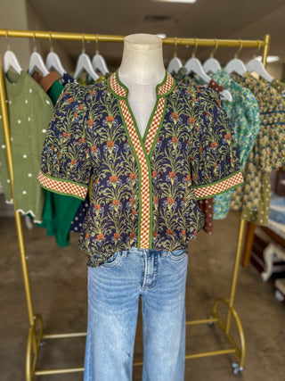 Navy Harvest Bloom W/ Gingham Trim Top