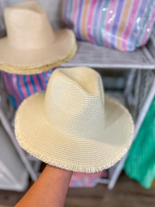 Vanilla Rattan Fringe Brim Beach Hat