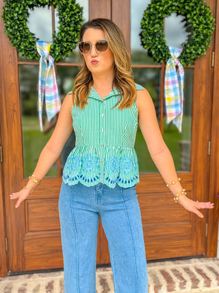 Green Charleston Embroidered Peplum Top