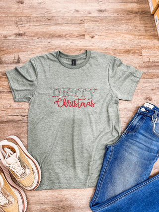 Heather Green Merry Christmas Floral Embroidered Tee