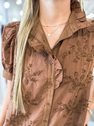 Mocha Adorned in Ivy Vine Applique Button-down Dress