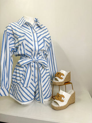 Miss America Blue & White Tie Waist Stripe Romper