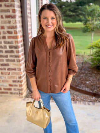 Brown Sleek Buttons Faux Leather Top
