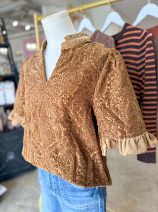 Brown Tonal Paisley Ruffle Detail Top