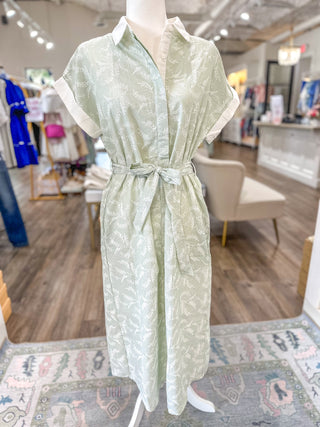 Light Sage Collared Airy As a Feather Midi Dress