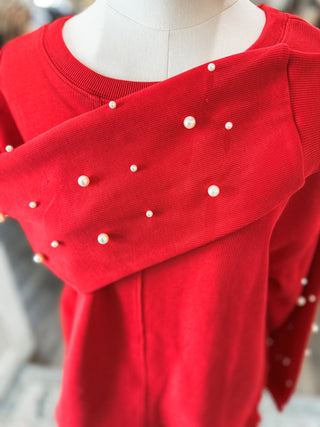 Red Holiday Pearl Charm Long Sleeve Top
