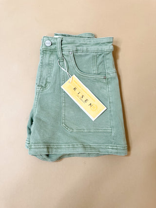 Risen Olive Mid Rise Front Patch Pocket Shorts