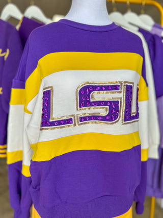 Millie LSU Wide Striped & Gemstones Sweatshirt