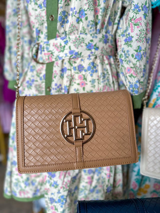 Woven Tan Cecillia Circle Logo Handbag | Caroline Hill