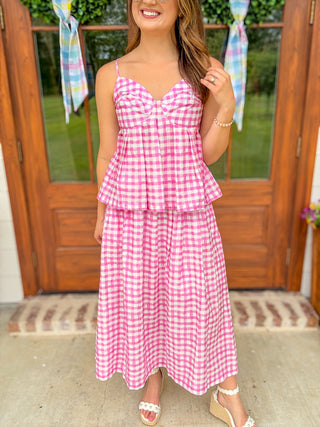 Candy Pink Gingham Midi Skirt Set