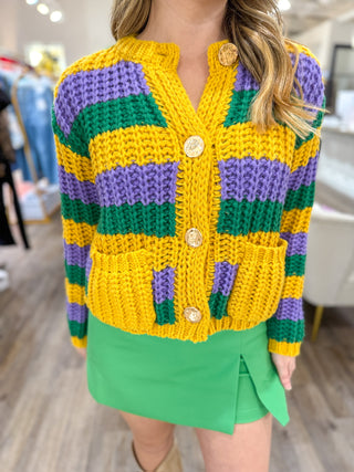 Mardi Party Striped Long Sleeve Cardigan Sweater