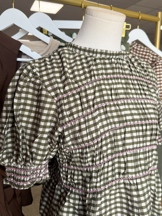 Olive Sweet on Gingham Smocked Top