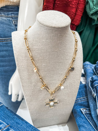 Gold Open Chain W/ Textured Cross & Pearl Charm Necklace