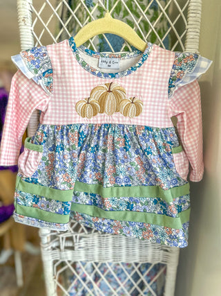 Blue Floral Pumpkin Embroidery Ruffle Bloomer Set