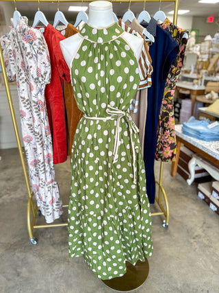Olive Dotted Darling Halter Neck Belted Maxi Dress