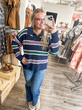 Navy Collared Striped So You'd Need IT Sweater