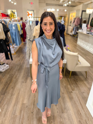 The Slate Blue Daydream Drape Satin Midi Dress