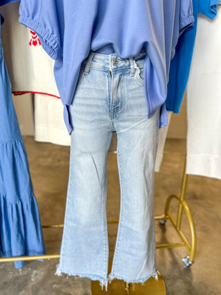 Light Wash Charming High Rise Crop Easy Flare Denim Jeans