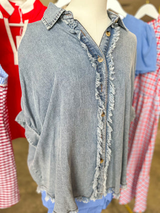 Summertime Love Frayed Trim Denim Button Top