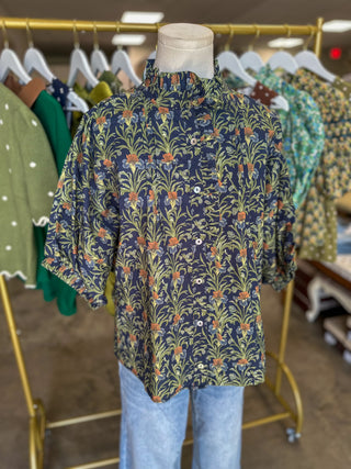Navy Vintage Vine Ruffle Collar Blouse