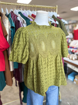 Olive Vintage Eyelet Top