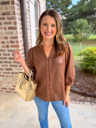 Brown Sleek Buttons Faux Leather Top