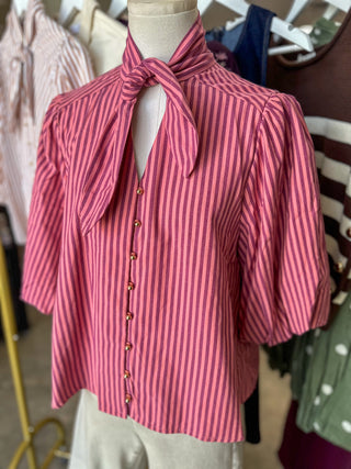Wine Striped Magnolia Bow Button Down Blouse