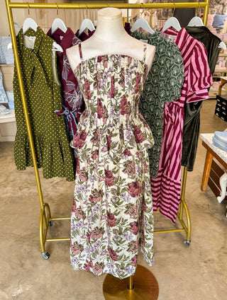 Vintage Violet Garden Pleated Midi Dress