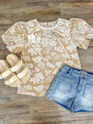 Taupe Fall Floral Roses Textured Puff Sleeve Velvet Top