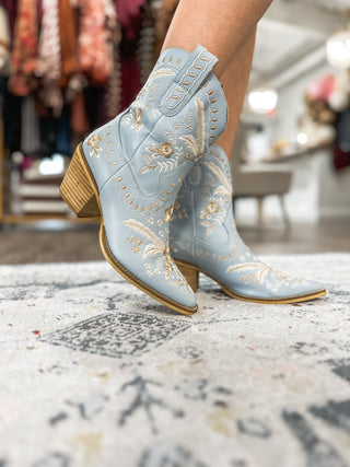 Blue Botanical Beauty Leather Boots with Embroidered Details