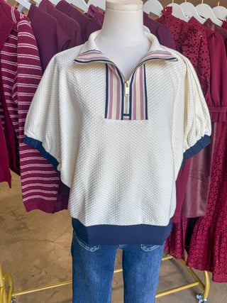 Cream & Navy Clubhouse Quarter Zip Mock Neck Top