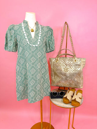 Sage Heirloom Scallop Mini Dress