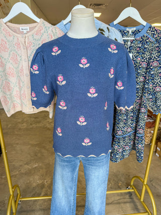 Mae Girl Blue Half Sleeve Finely Embroidered Sweater Top