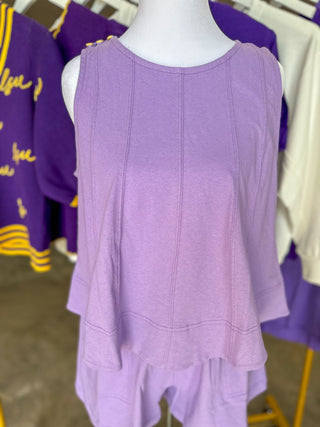 Lavender Winning Wonder Contrast Stitch Sleeveless Shorts Set