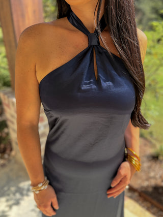Navy Sutton Halter Neck Satin Midi Dress