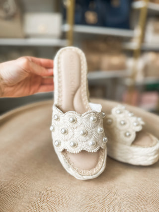 The Candice Ivory Floral Pearl Raffia Platform Sandal