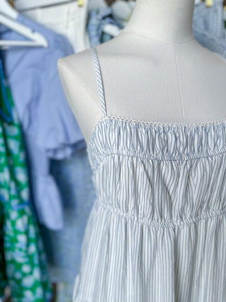 Baby Blue Stripe Shirred Empire Waist Midi Dress
