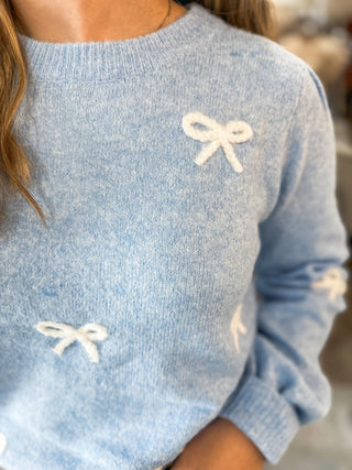 Blue/White Sweetest Thing Bow Sweater