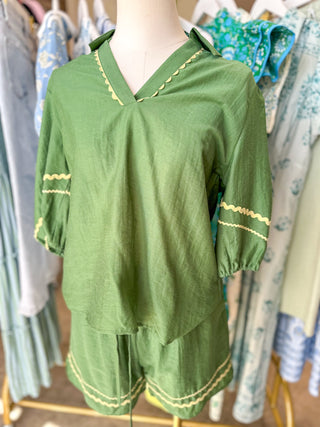 Green Ric Rac Trim Shorts Set