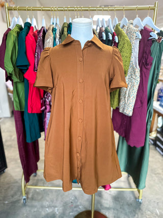 Camel Charm Button Down Collared Mini Dress