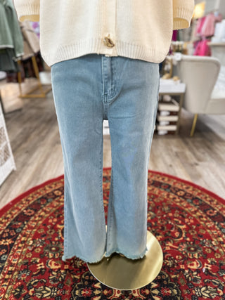 Teal Acid Washed High Waist Frayed Hem Bootcut Pants