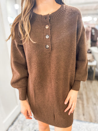 Coffee Bean Half Button Long Sleeve Mini Sweater Dress