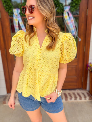 Lemon Yellow Eloise Eyelet Peplum Top