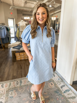 Baby Blue Diamond Quilted Zip Up & Go Mini Dress