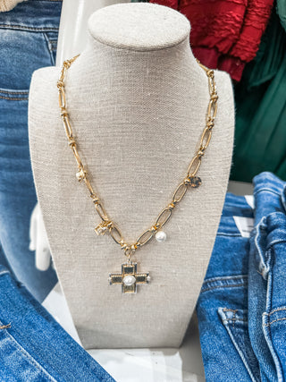 Gold Open Chain W/ Textured Cross & Pearl Charm Necklace