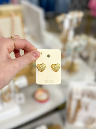 Gold W/ Rhinestone Detail Heart Stud Earrings