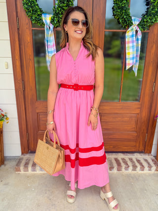 Pink Coastal Elegance Belted Midi Dress