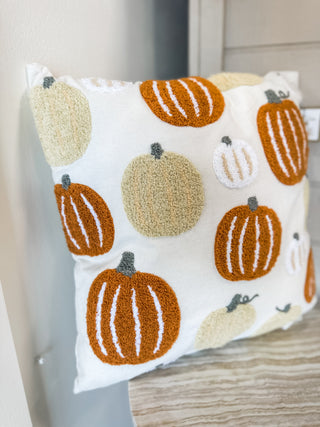 White/Orange Pumpkin Patch Embroidered Pillow