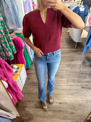 Burgundy Irresistible Charm Puff Sleeve Cropped Knit Top