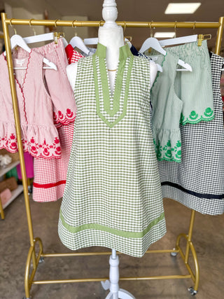 The Matcha Green Harbor Line Gingham Mini Dress